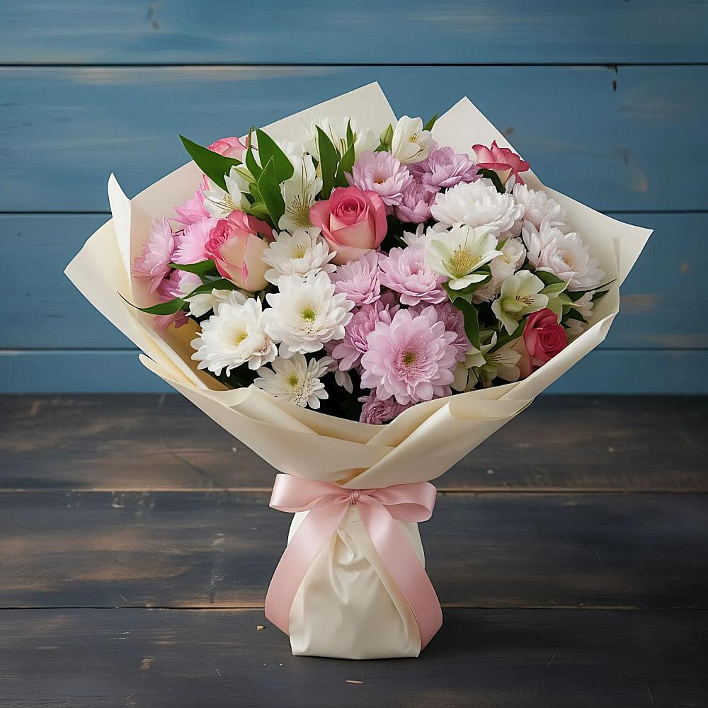 Букет цветов из: Хризантемы, Альстромерии и Розы в Лысково